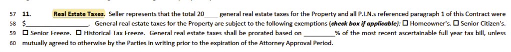 Chicago Association of Realtors Multifamily & Investment, Purchase and Sale Contract Property Tax Proration section