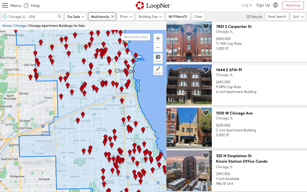 Sample data for a LoopNet apartment building search in Chicago